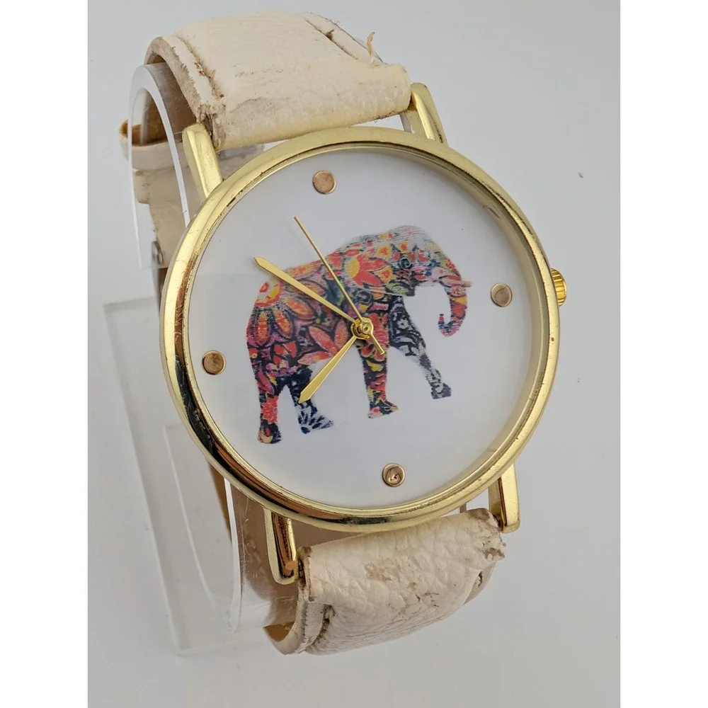 Elephant Dial Watch Women 38mm Gold Case White Faux Leather Band- New Battery